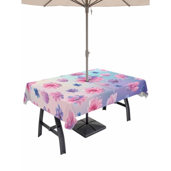 Outdoor Tablecloth with Umbrella Hole and Zipper, Spring Floral Rectangle Table Cloth 60x102 Inch Waterproof Tablecloth, Purple Pink Blue Flower Botanical Ombre Picnic Table Cover for Patio Camping