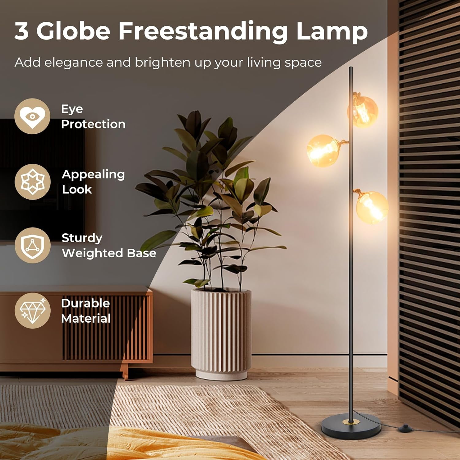 Neatifyes Mid Century Floor Lamp, Modern Freestanding Lamp with 3 Glass Globe Lampshades, Weighted Base, Convenient Foot Switch, Standing Tree Lamp for Bedroom Living Room, E26 Bulb Base (Art Deco)