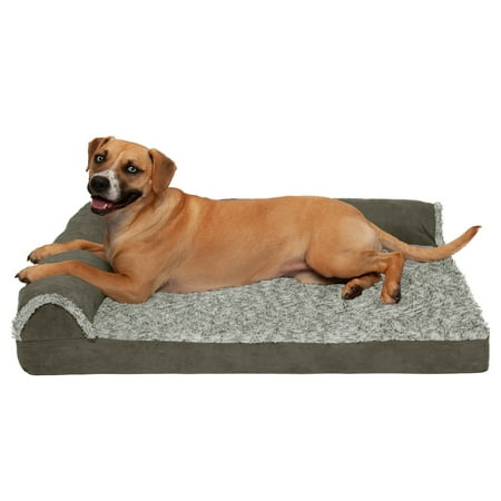 UPC: 0842229107500 | FurHaven Pet Products Two-Tone Faux Fur & Suede Cooling Gel Top Deluxe L-Chaise Pet Bed for Dogs & Cats – Dark Sage Large