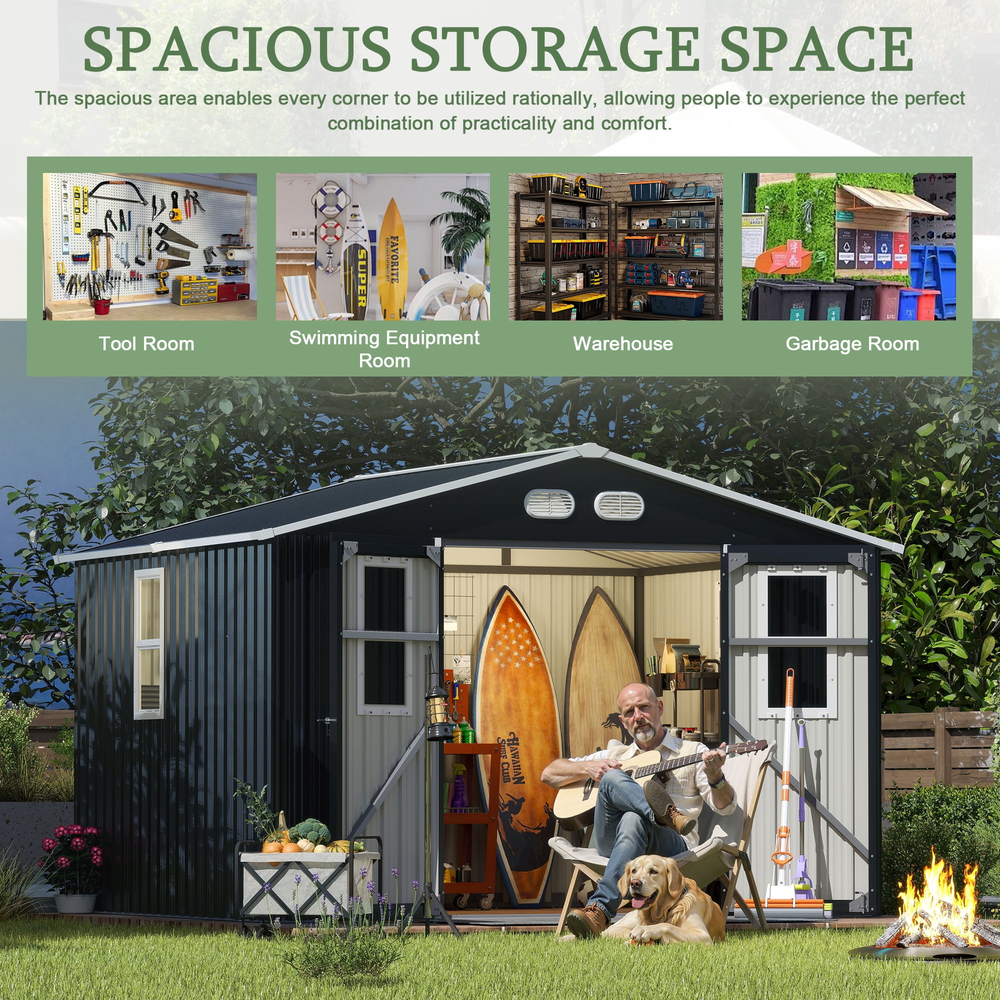 DTTRA 8 x 10 ft Outdoor Metal Storage Shed with 4 Window and Lockable Door, Waterproof Outside Storage Building for Garden, Backyard, Tool Storage Use, Easy to Install, Dark Gray