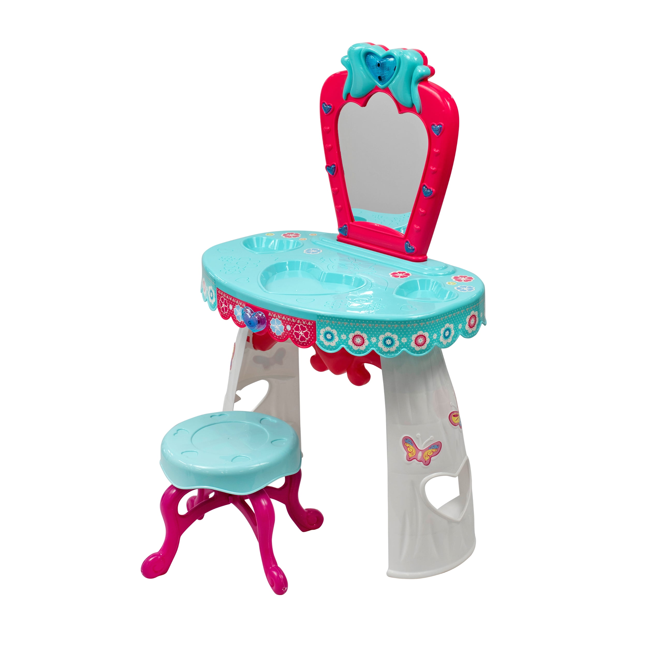 KNP Brands Kids Plastic Vanity Dressing Table with Stool and 19-Piece Accessories Set