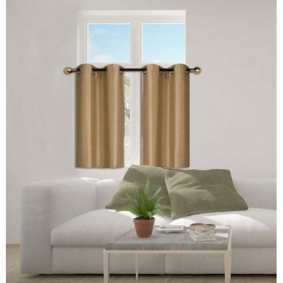 N25 Gold 1-Set Solid Faux Silk Grommet Top Small Window Curtain, 2 Semi Sheer Tier Panels 30" W x 36" L (Each Tier)