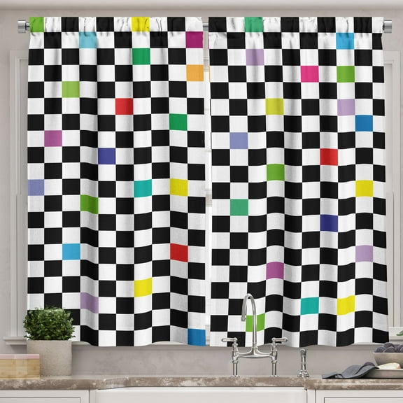 Ambesonne Black and White Kitchen Curtains, Funny Checkered, 55"x30", Multicolor