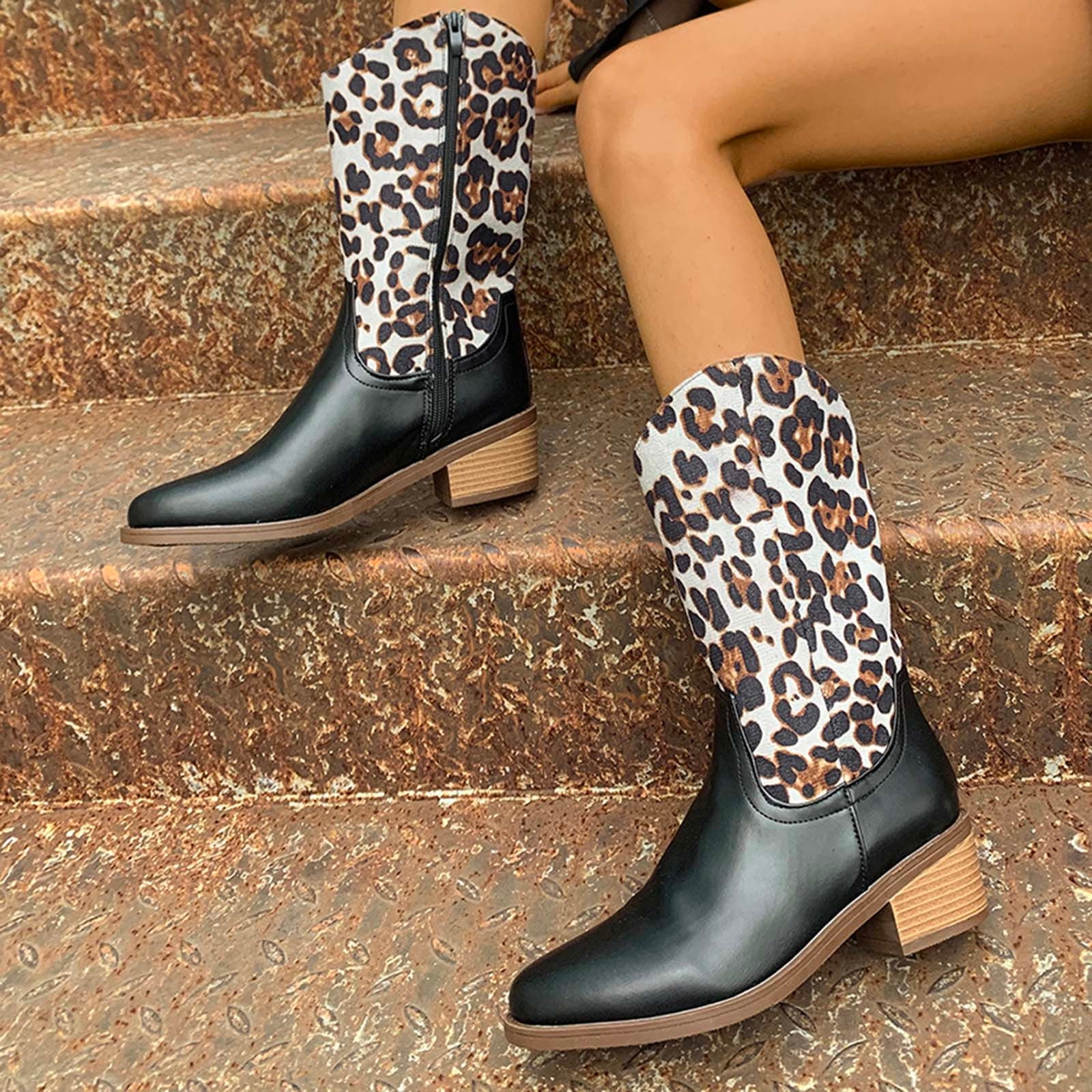 POROPL Womens Black Boots Knee High Winter Mid Heel Knee High Side Zipper Leopard Print Boots for Lady Black Size 42(US:9)