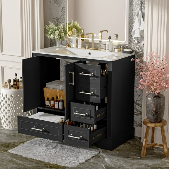 Euroco 36" Traditional Bathroom Vanity with Ceramics Sink , Black Bathroom Cabinet with Two Soft Close Doors and Four Drawers