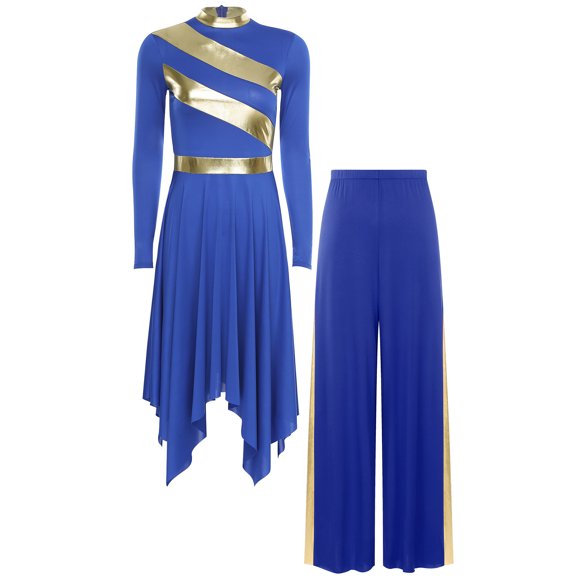 Sinleey Women's Liturgical Praise Dance Tunic Worship Dance Dress Long Sleeve Maxi Dress with Wide Leg Pants Royal Blue L