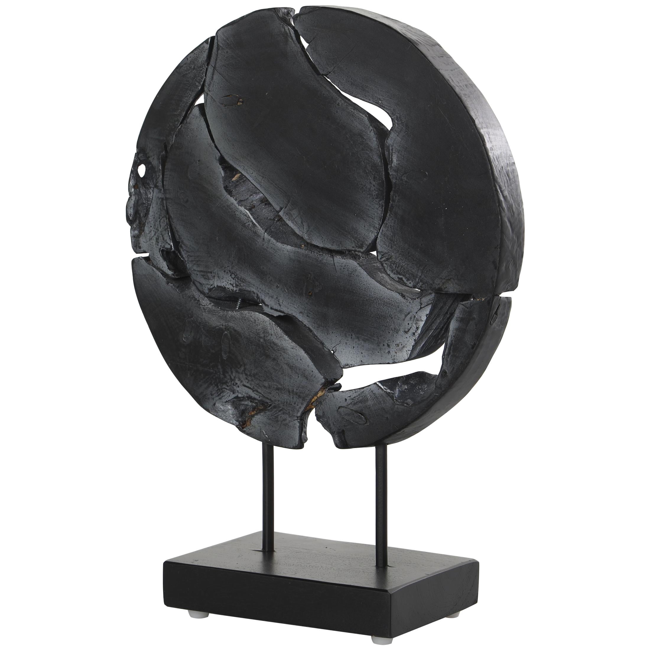 14" x 19" Black Teak Wood Circular Cutout Abstract Sculpture with Natural Wood Grain Patterns and Black Base, by DecMode