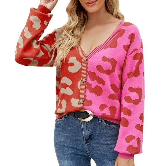 Womens Long Sleeve Rainbow Button Cardigan Leopard Print Colorblock Casual V Neck Loose Knit Sweater Top