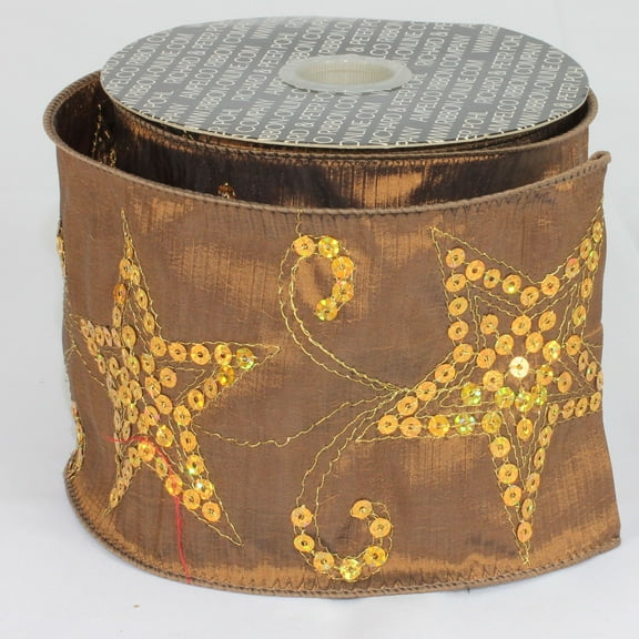Brown and Gold Sequined Stars Wired Craft Ribbon 4" x 20 Yards