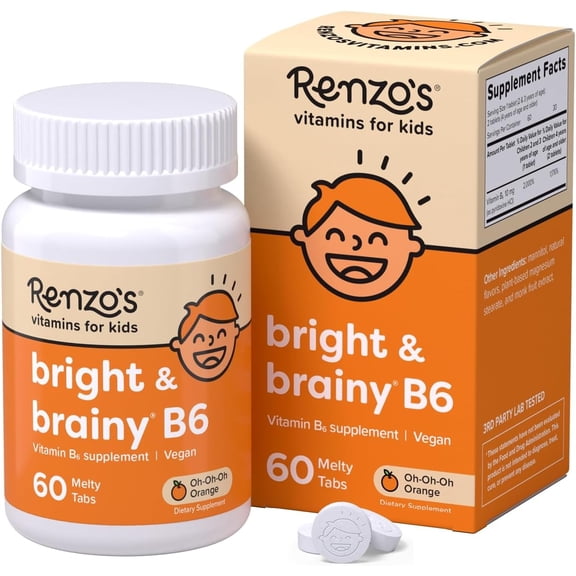 Renzo’s Bright & Brainy Vitamin B6 for Kids, Sugar-Free, Vegan Melty Tabs, 60 Count
