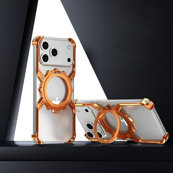 ELEHOLD for iPhone 17 Pro Max Case, Magnetic Ring Kickstand Aluminum Metal Frameless Design Bumper Luminous Scale Gear Shape Shockproof Case for iPhone 17 Pro Max,Orange