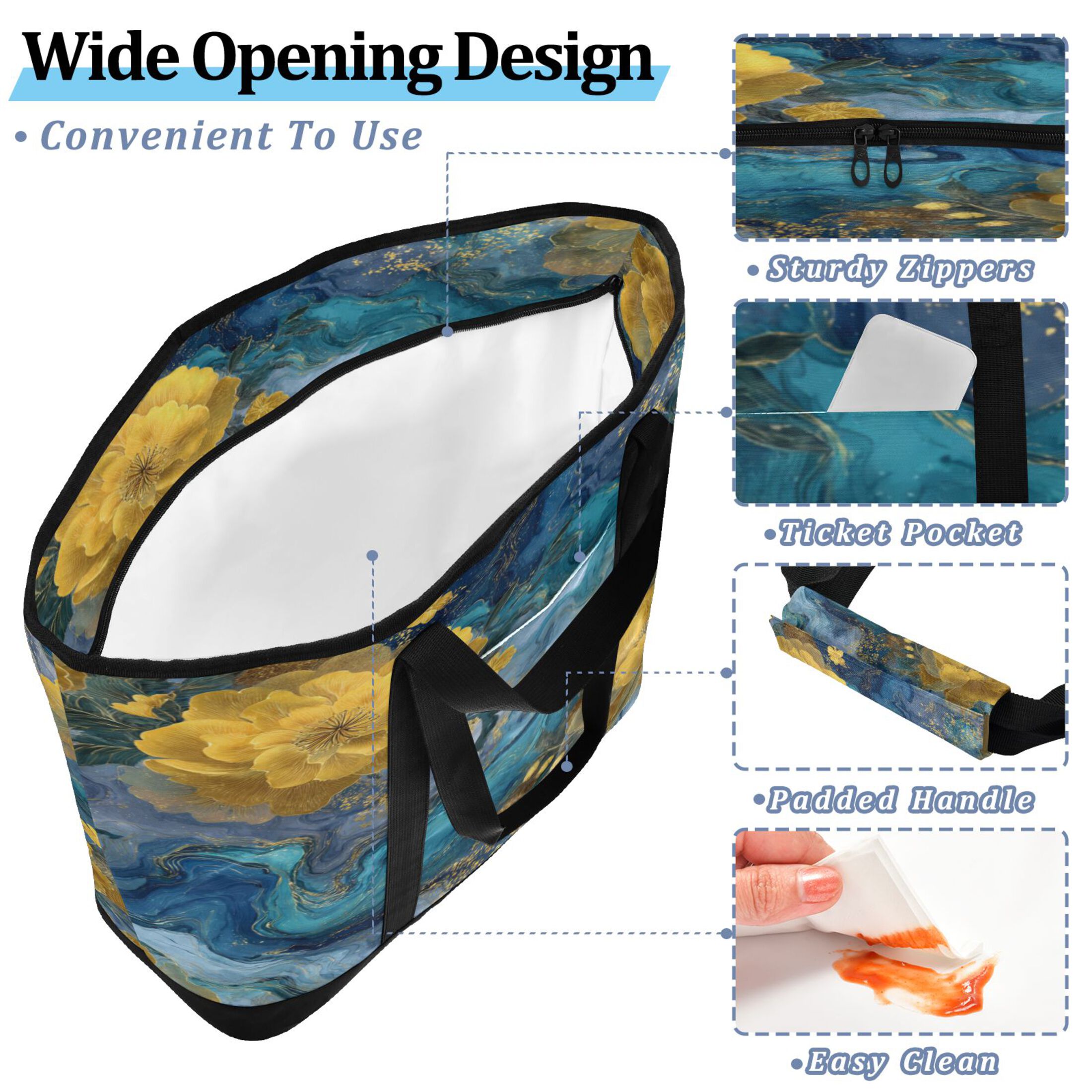 Extra-Large Wide Opening Design Capacity Hand-Held Ice Pack Thickened Insulation Layer For Long-Lasting Cold Retention For Outdoor Shopping Picnics And Camping Swirling Water and Yellow Flowers