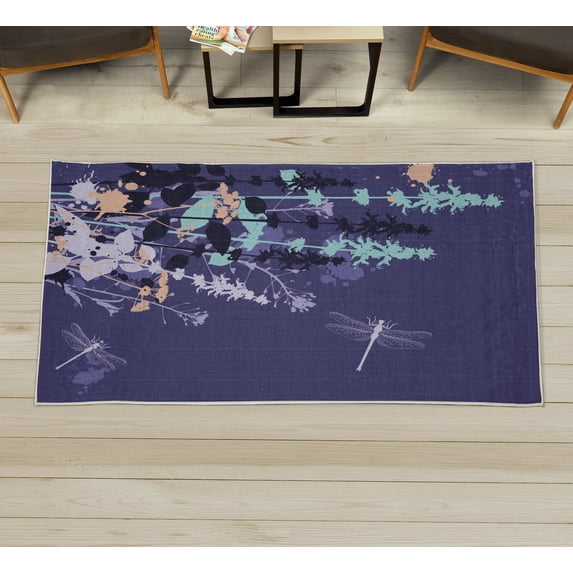 Dragonfly Decorative Rug, Nature Plants Grass with Wildflowers with Paintbrush Effects Print Art, Quality Carpet for Bedroom Dorm and Living Room, 6 Sizes, Dark Indigo, by Ambesonne
