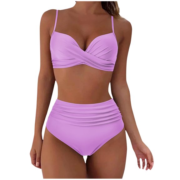 Yuanlook Womens Bikini Swimsuits Solid V Neck Two Piece Bathing Suit High Cut Leg Tummy Control Swimwear,Purple,L