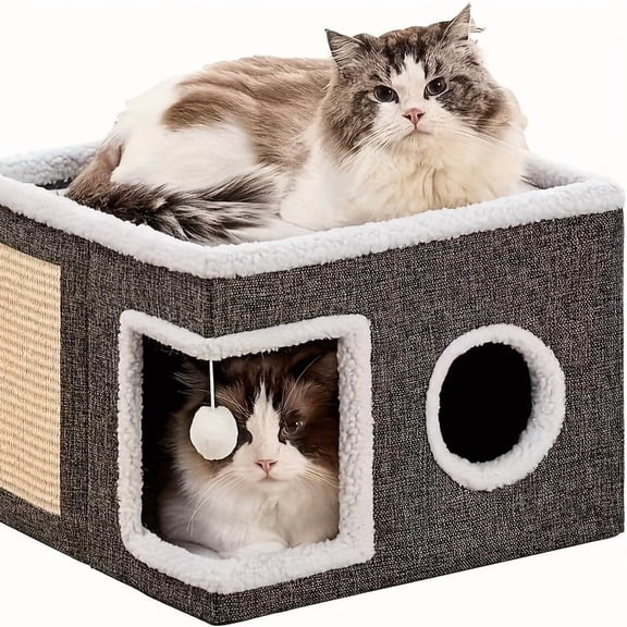 Alkirakira Cat House 2-Story Scratching Post Comfortable Bunk Bed Medium Indoor Cat Cave with Toy Ball, Gray