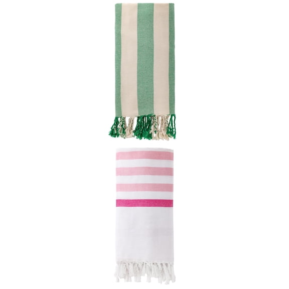 Unique Bargains 2 Pack Striped Turkish Tassel Beach Towels Pink/Green 71"x40"