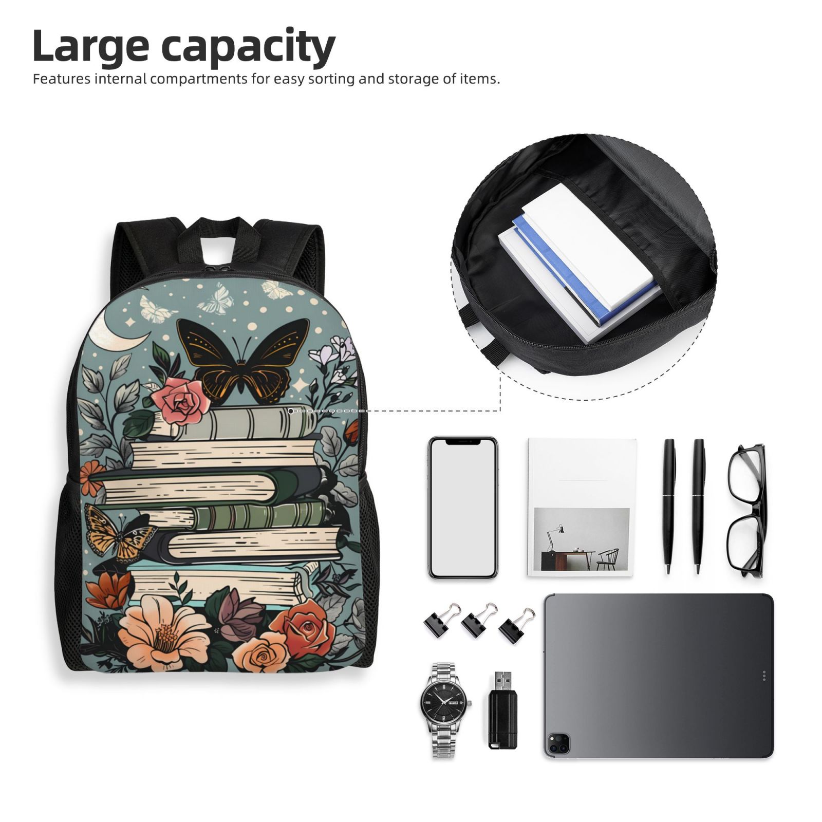 Xecao Vintage Art Butterfly Flower Print School Backpack with Laptop Compartment Small Travel Laptop Backpack for Women Men Waterproof College Backpack Simple School Bag