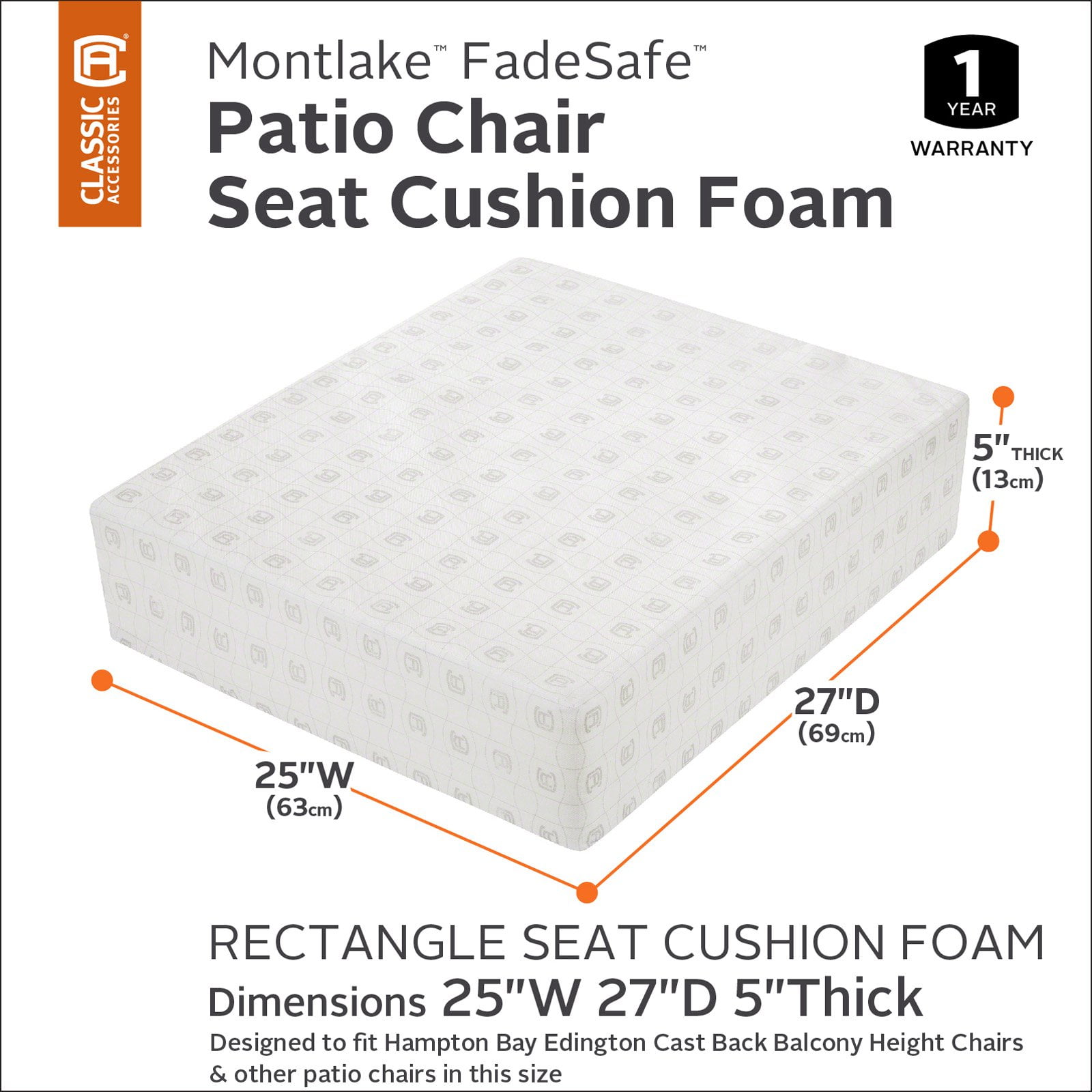 Classic Accessories Montlake Fadesafe Rectangular Patio Lounge Seat Cushion Slip Cover 5 Thick Heavy Duty Outdoor Patio Cushion With Water Resistant Backing Heather Henna Red 25 W X 27 D X 5 T