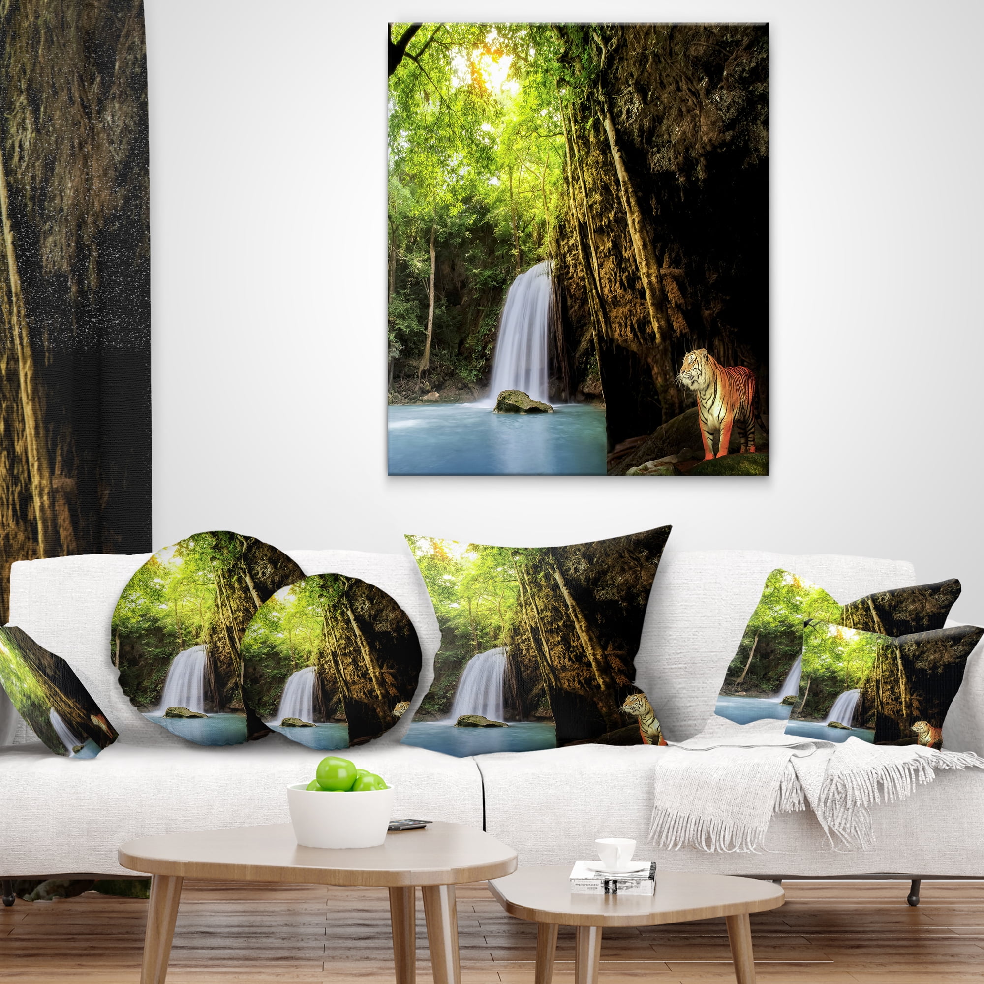 Designart Tiger Watching Waterfall - Landscape Photography Throw Pillow - 16x16