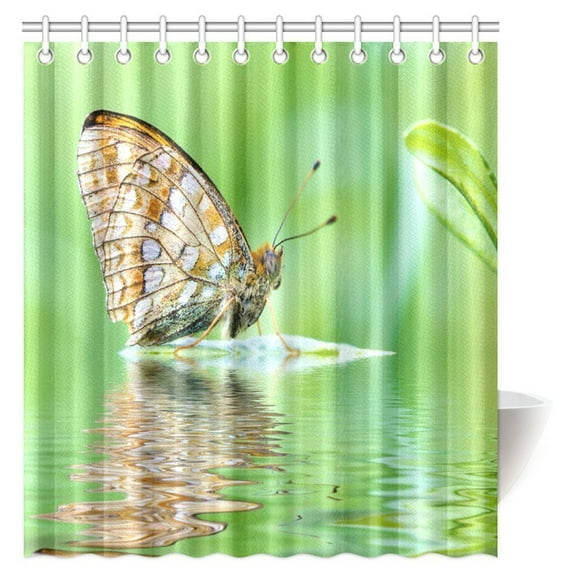 MYPOP Butterflies Decoration Collection, Beautiful Butterfly on the Plant Over the Water with Reflections Bathroom Shower Curtain 66 X 72 Inches