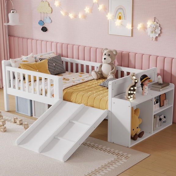 LJAN Twin Size Low Loft Bed with Slide and Movable Bookshelf,Loft Beds with Guardrails and Storage,Wood Loft Bed Frame ,No Box Spring Required
