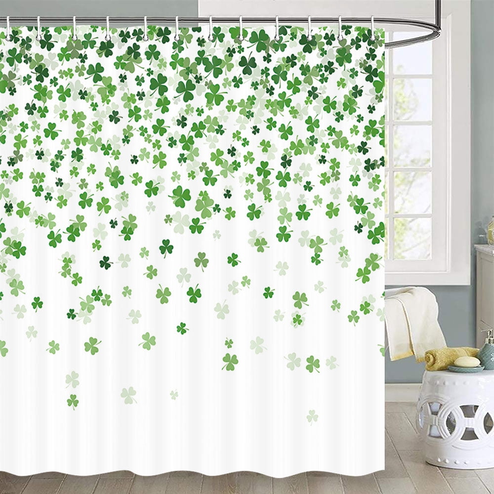 St. Patrick's Day Clover Shower Curtain, Green Clover Shamrock Irish St Patrick's Day Shamrock Bathroom Shower Curtain Set, Fabric Shower Curtain Set with Hooks，70 in