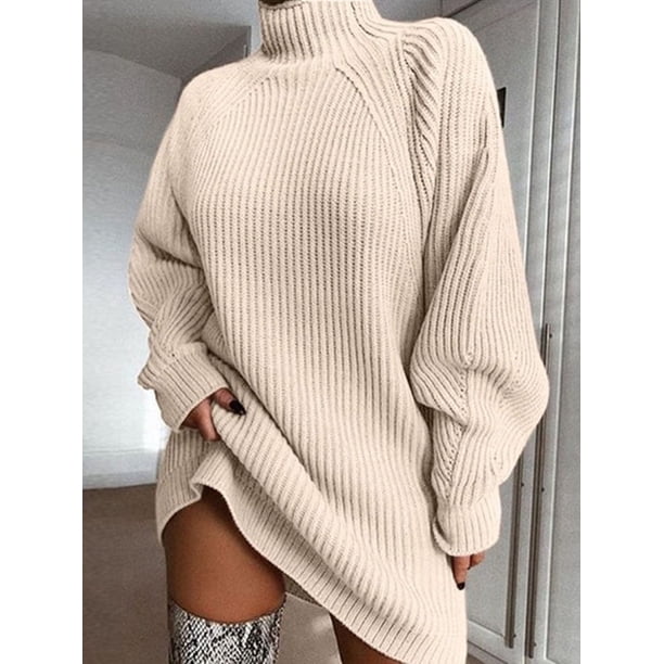 Vestido de suéter de cuello alto para mujer, manga larga, sólido, informal, elegante, Mini vestido de punto de gran tamaño, ropa de otoño e invierno