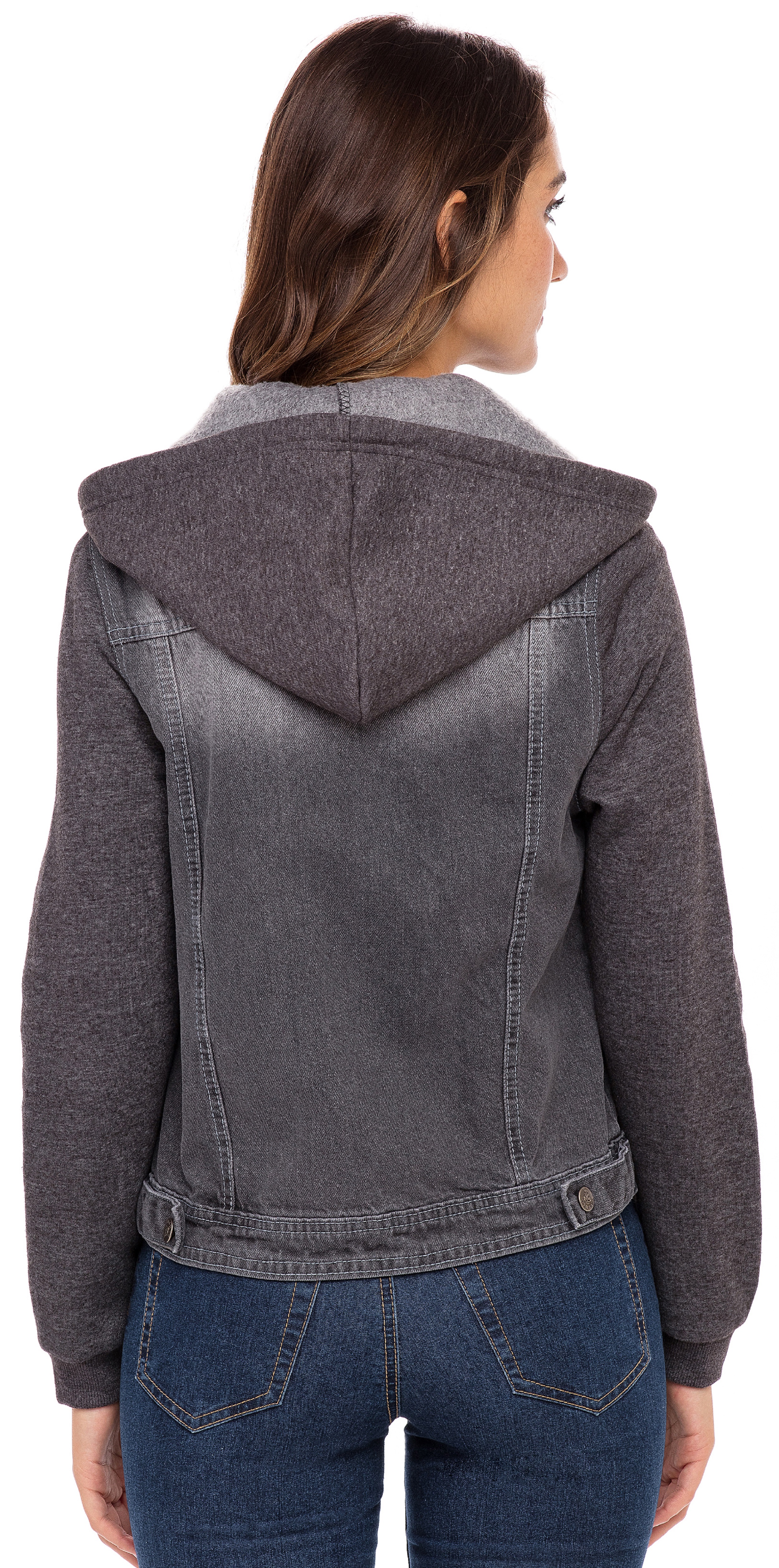 SKYLINEWEARS Women's Hooded Denim Jacket Long Sleeve Layered Drawstring Hoodie Washed Jean Jacket Grey Small - image 5 of 6