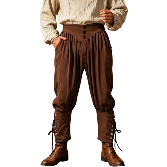 FchengtaiS Men Halloween Pirate Breeches Renaissance Medieval High Waist Button Tapered Pant Gothic Costume with Lace Up Banded