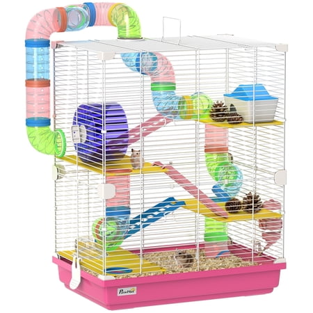 Hamster Cage with 5-Tier Metal Frame, Pink Rodent Habitat Including Exercise Wheel, Tunnels, Food and Water Bowls, 18.1x11.8x22.8 in