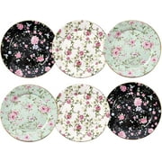 8 Inch Floral Dessert Plates (6-Piece) - Ceramic with Gold Rim, Elegant for Salad/Tea Party/Holiday Use
