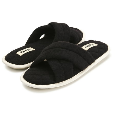 

Floopi Women s Soft Criss Cross Slide W/Quilted Terry Stitch Open Toe Slipper W/ Memory Foam