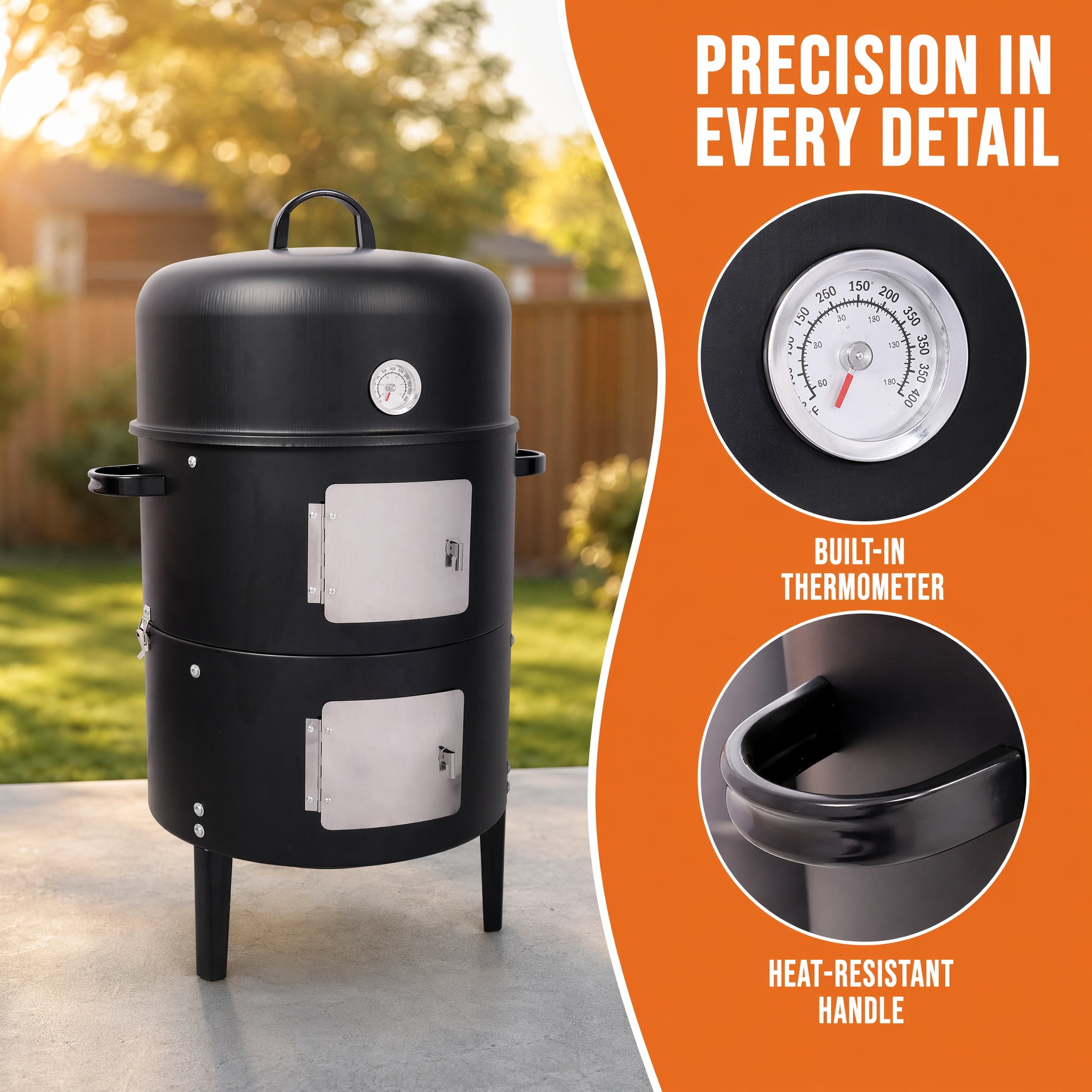 17 Inch Heavy Duty Round Charcoal Smoker BBQ Grill Outdoor Cooking Grill with Temperature Control Dual Doors Black