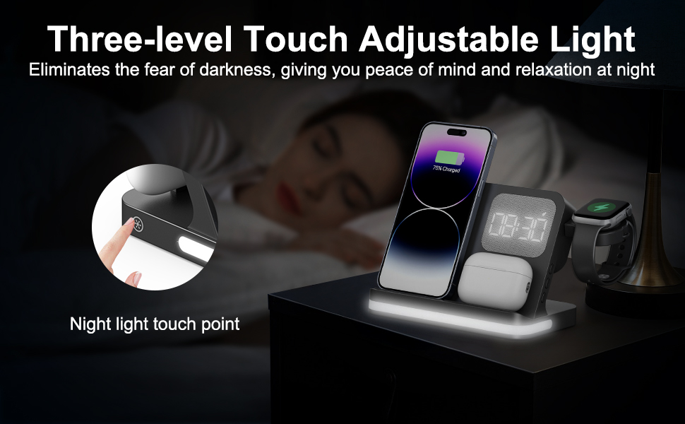 6 in 1 Wireless Charging Station Compatible with Apple Multiple Devices iPhone, AirPods, and Apple Watch - Phone Wireless Charger Fast Charging with Night Lamp and Clock, Black
