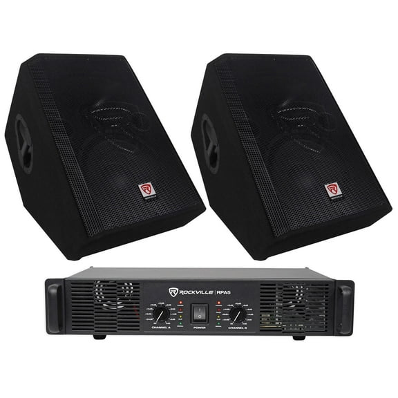 2) Rockville RSM12P 12" 2000 Watt Passive Stage Floor Monitor Speakers and Amplifier