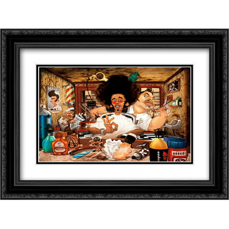 The Barbers Shop 2x Matted 24x18 Black Ornate Framed Art Print by Perez,