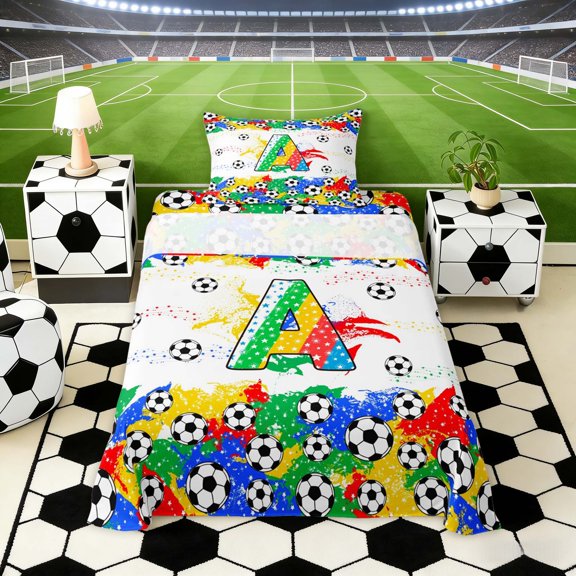 Erosebridal Letter A Soccer Ball Print Twin Sheet Sets, Sports Monogram Bedding for Kids Boys and Girls, 1 Flat Sheet, 1 Fitted Sheet and 1 Pillowcase