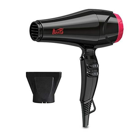Berta 1875W Professional Hair Dryer With Powerful Airflow, Fast Drying, Two Heat, Two Speed Setting, Cool Shot Button, Concentrator Nozzle, Negative Ions, Far Infrared Heat – Black