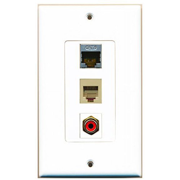 RiteAV - 1 Port RCA Red and 1 Port Phone RJ11 RJ12 Beige and 1 Port Shielded Cat6 Ethernet Decorative Wall Plate Decorative