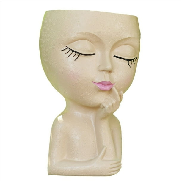 Maceta con Cabeza /Maceta con Cara, para Plantas de Interior, Maceta con Cara de Niña Maceta con Cabeza de Dama , Color Caqui