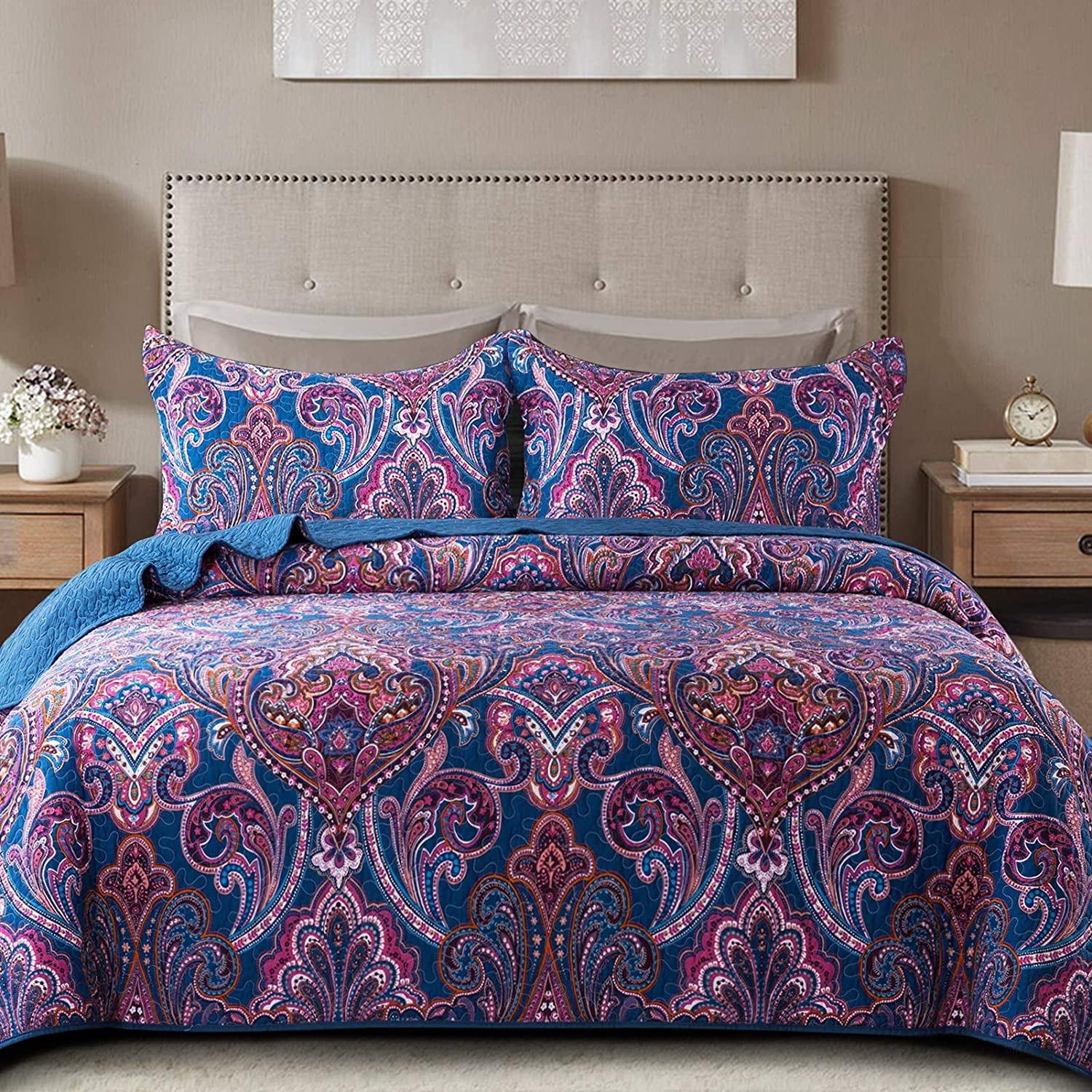 NEWLAKE Quilt Bedspread Sets-Paisley Floral Pattern Reversible Coverlet Set,Queen Size