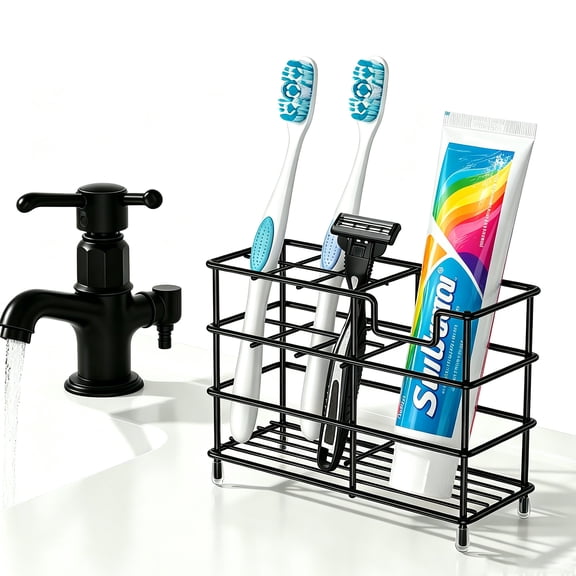 OFEFE Medium Black Stainless Steel Toothbrush Holder for Bathroom – 7-Slot Black Organizer, Space-Saving Hygienic Storage with Modern Design for Countertop
