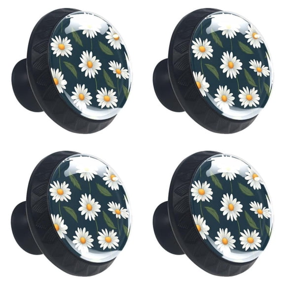 4 Pcs White Daisy Flowers Print Cabinet Knobs 30mm Round Crystal Glass Drawer Handles Pulls with Screws for Kitchen Cupboard Wardrobe Closet Dresser, Home&Office