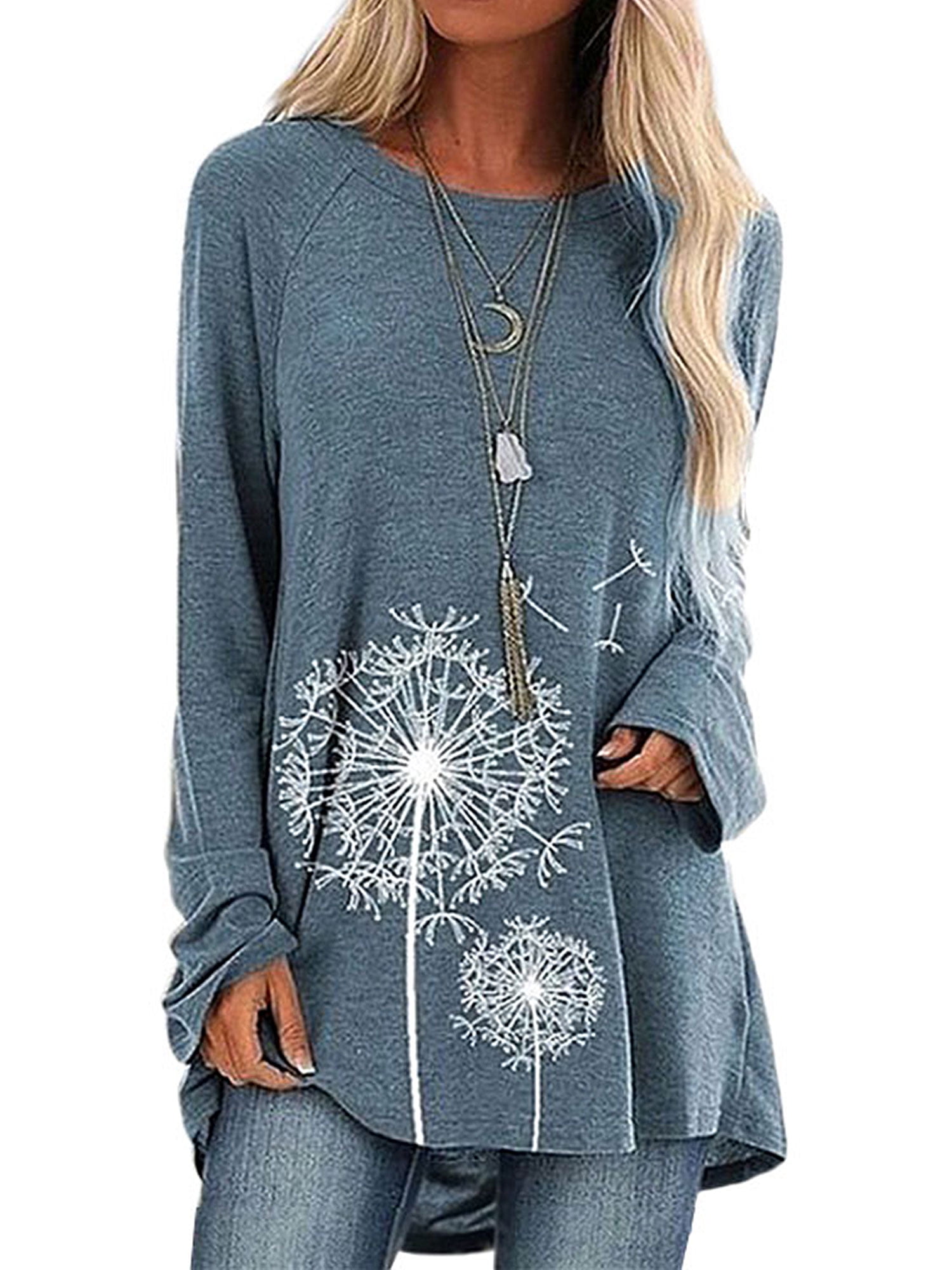 Womens Dandelion Flower Graphic Long Sleeve Tops for Autumn and Winter Trendy Thermal Casual Tee Shirts 