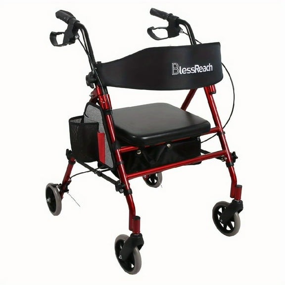 Rollator Walker With Seat, Steel Rolling Walker With 6-inch Wheels Supports Up To 350 Lbs, Medical Walker, Red