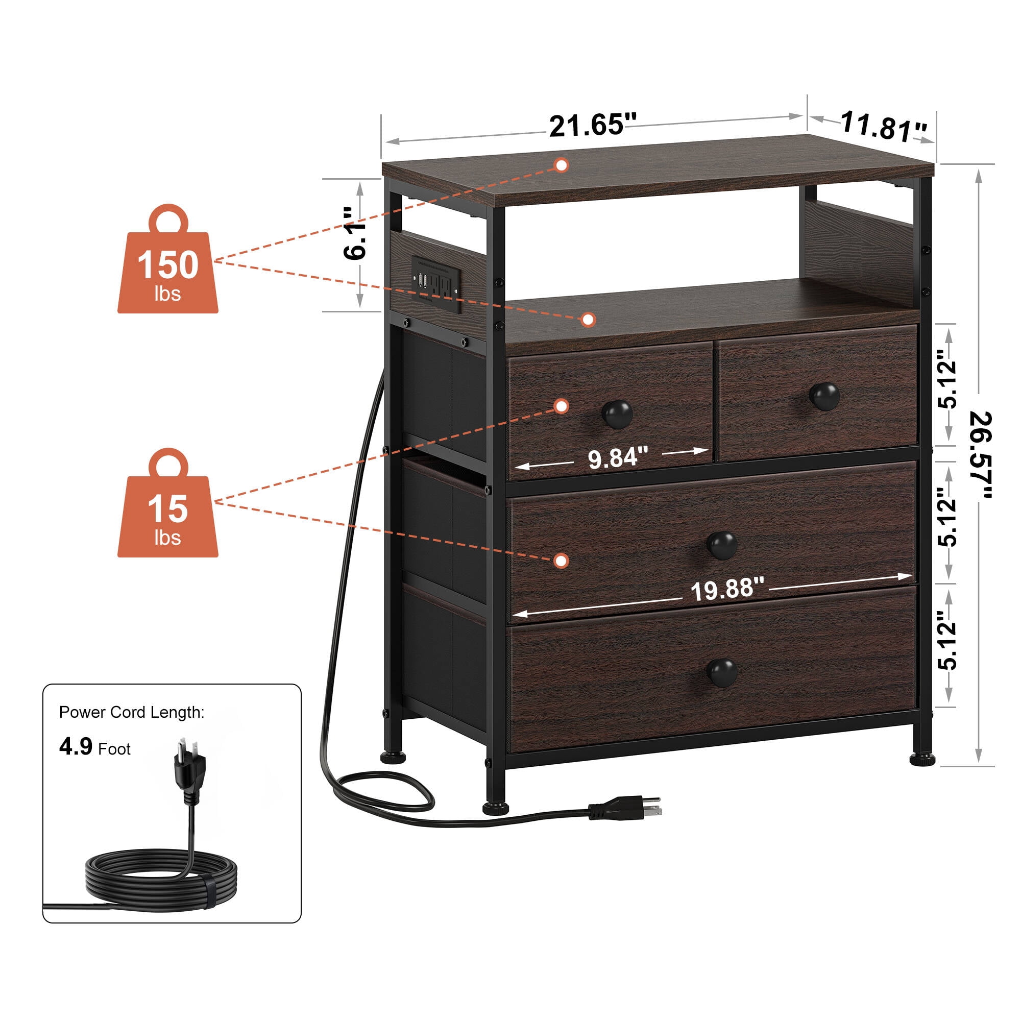 GUNAITO Led Nightstand Set of 2 with 4 Drawers Bedside Table with Charging Station Wide End Table with Storage Shelf for Living Room,Brown