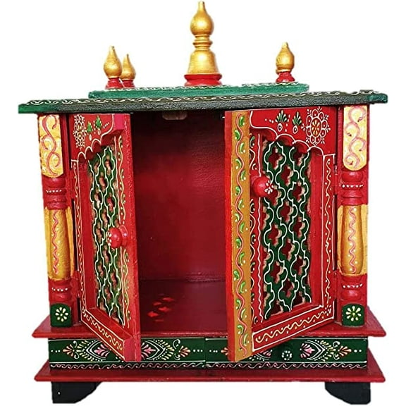 GLOBAL TECH Wooden Pooja Temple/mandir with Magnetic Door for Home & Office size-18x9x22 inch (Red & Green)