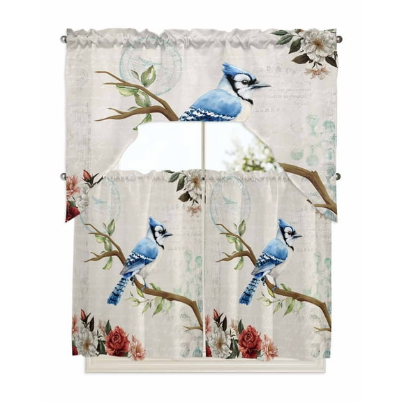 Spring Blue Bird Kitchen Curtains Swag Valance and Tier Curtains Set 36 Inch Length, Summer Vintage Branch Floral Beige Rod Pocket Drape Panels Pair Swag Curtains for Bathroom/Cafe/Window