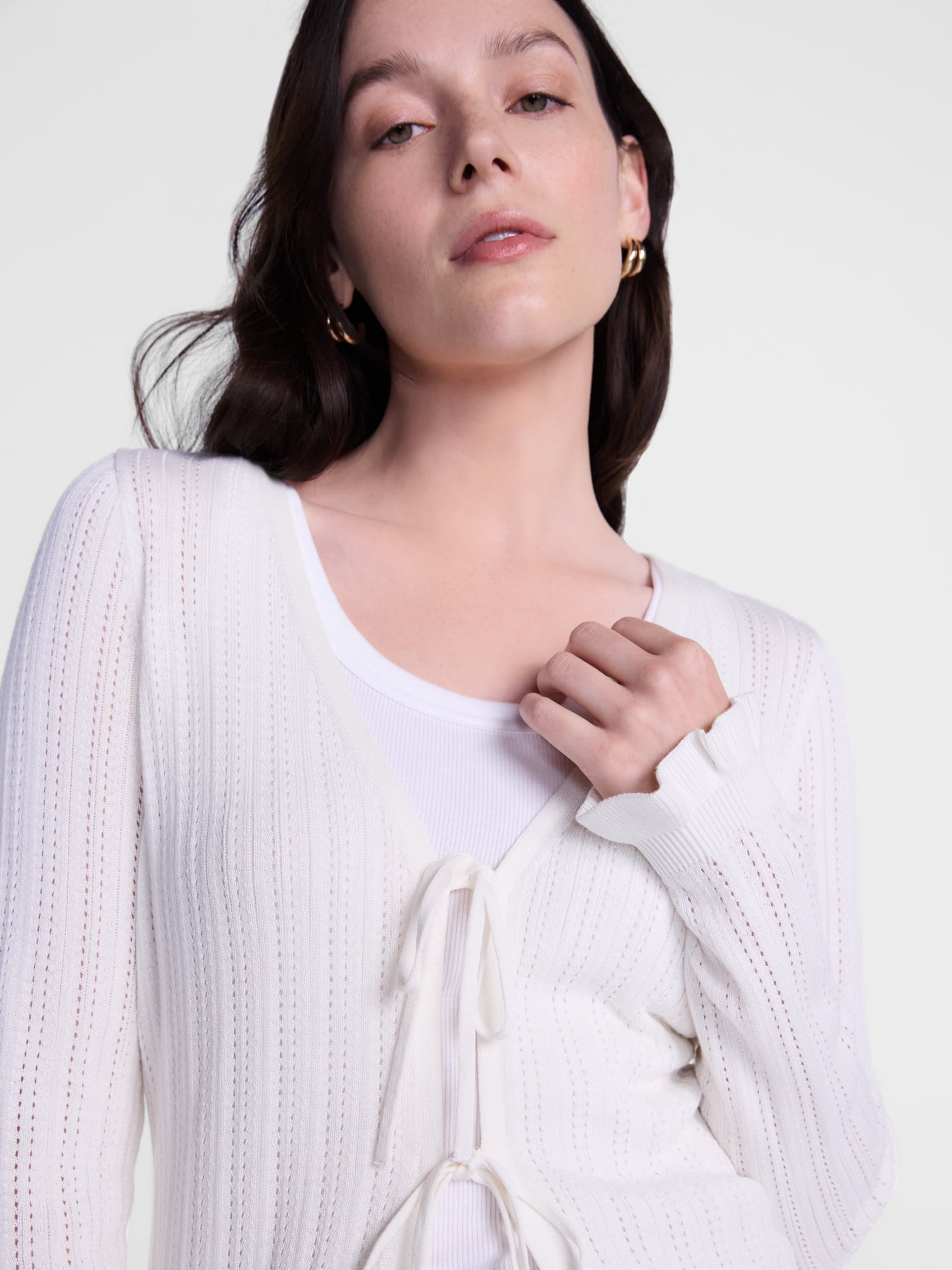 Scenario Women's Eyelet Tie Front Cardigan, Lightweight, Sizes XS-XXXL