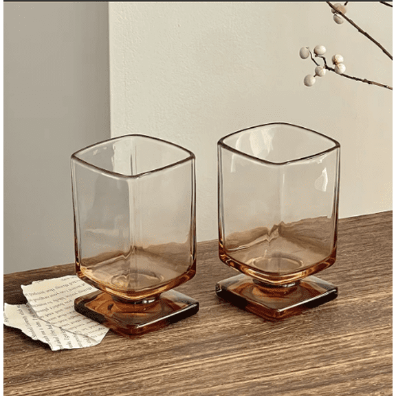 STK Square Amber Gradient Glass Cups, Vintage Pedestal Drinking Glasses, Heavy Base Tumbler for Whiskey, Cocktail, Juice, Water, Set of 2